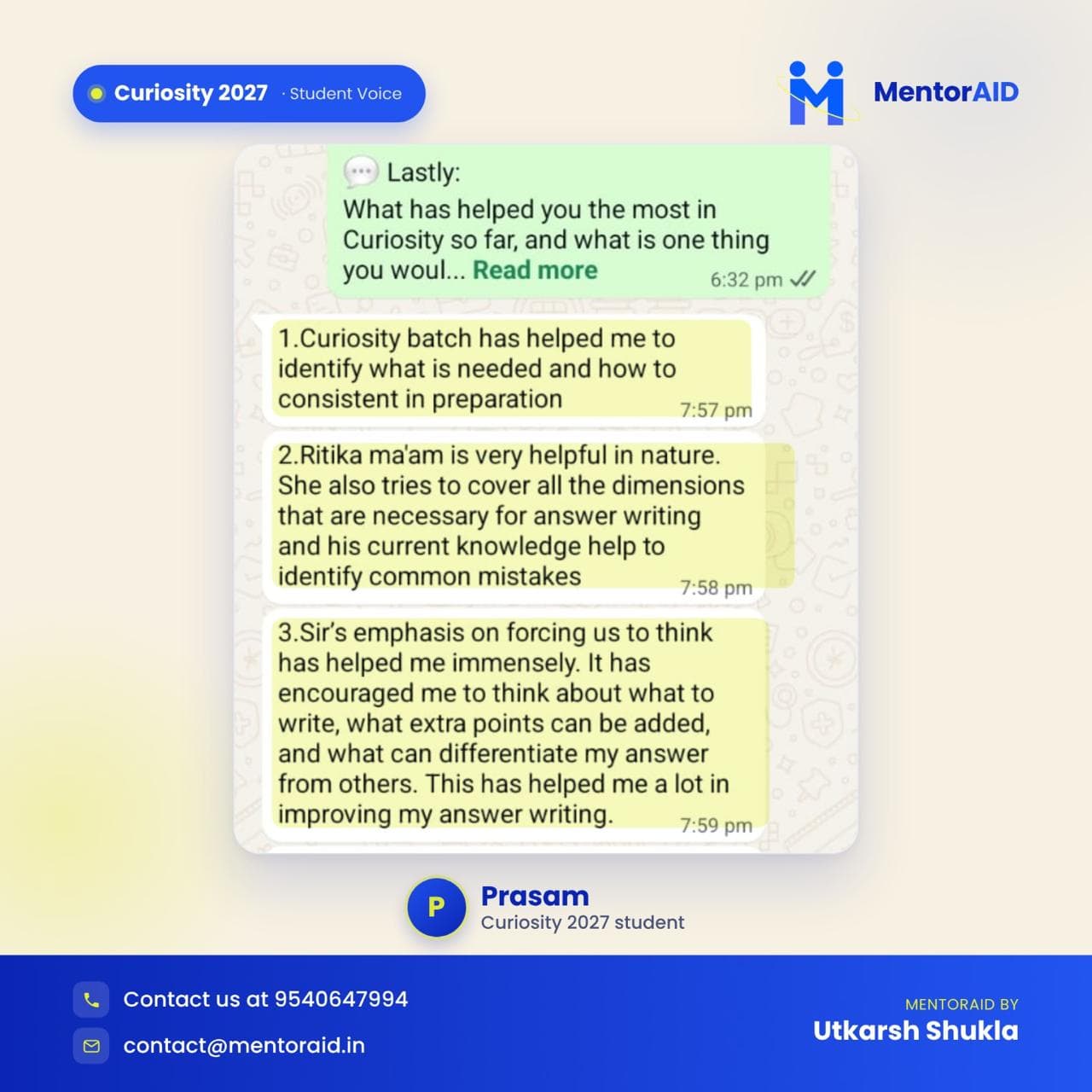 WhatsApp testimonial screenshot from Prasam, Curiosity 2027 student, on what helped most