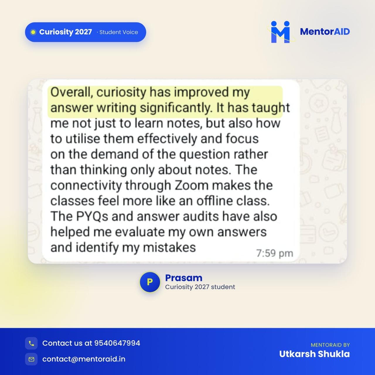 WhatsApp testimonial screenshot from Prasam, Curiosity 2027 student, on answer writing improvement