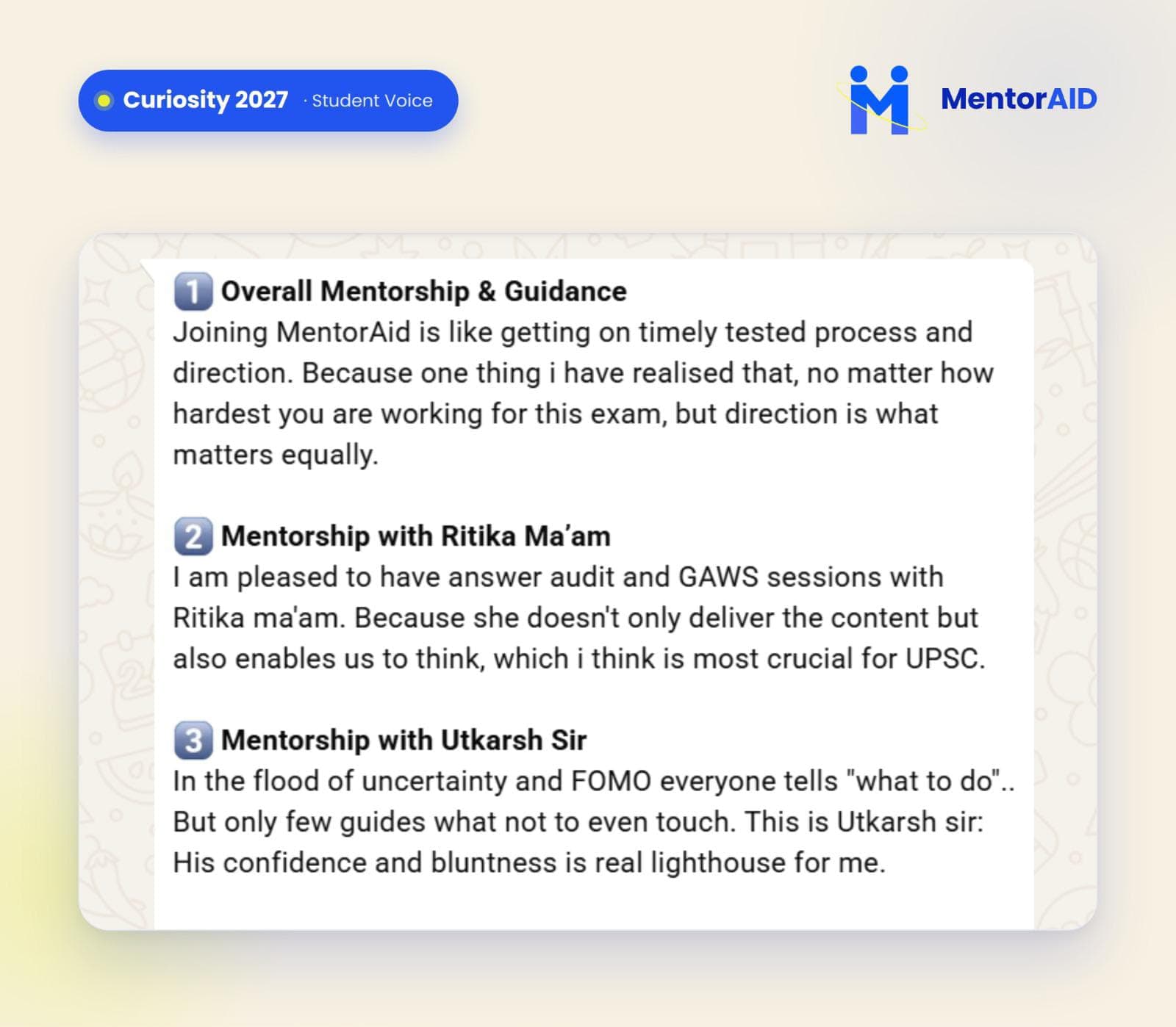 Curiosity 2027 student testimonial screenshot on mentorship and guidance